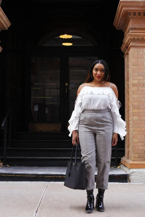 High Waisted Plaid Pants x Off the Shoulder Top Jasmine Diane